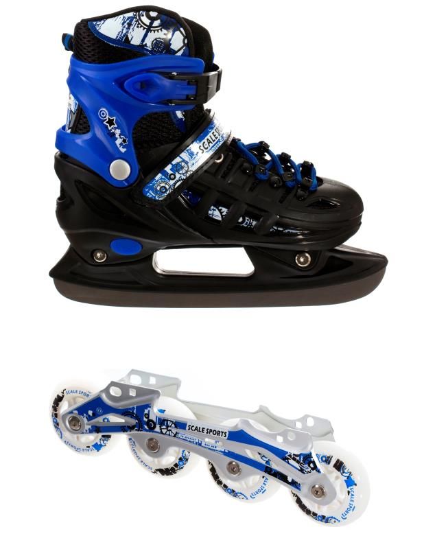 РАЗДВИЖНЫЕ КОНЬКИ + РОЛИКИ 2 В 1 SCALE SPORT S, ЧЕРНО-СИНИЙ