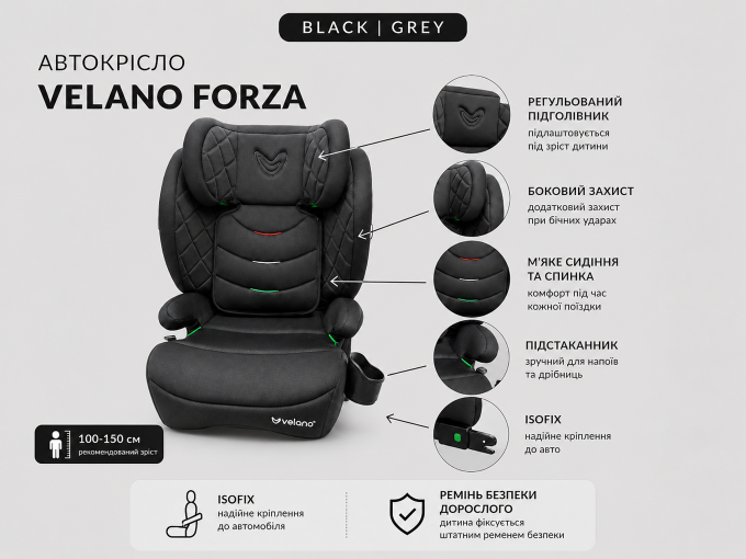 Автокрісло VELANO Forza 2 в 1 i-Size 100–150 см, ISOFIX, grey