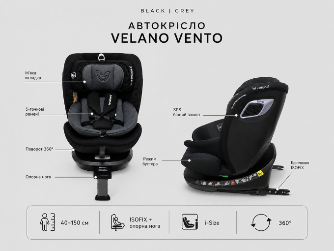Автокрісло VELANO Vento 360° i-Size 40–150 см, ISOFIX + опорна нога, grey